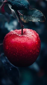 Rain-kissed red apple glows softly against deep garden greens