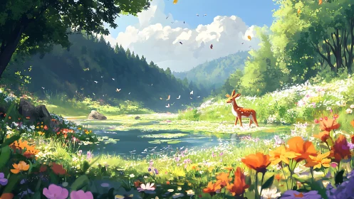 Sunlit deer beside reflective pond in layered floral valley