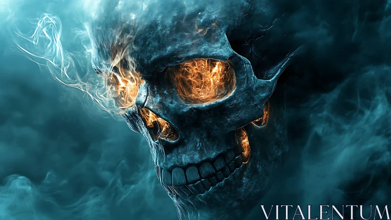 Burning blue skull with fiery eyes in swirling smoke.
