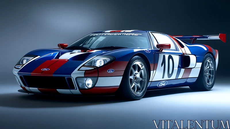 Photorealistic Ford GT race car in tri-color livery under studio light.
