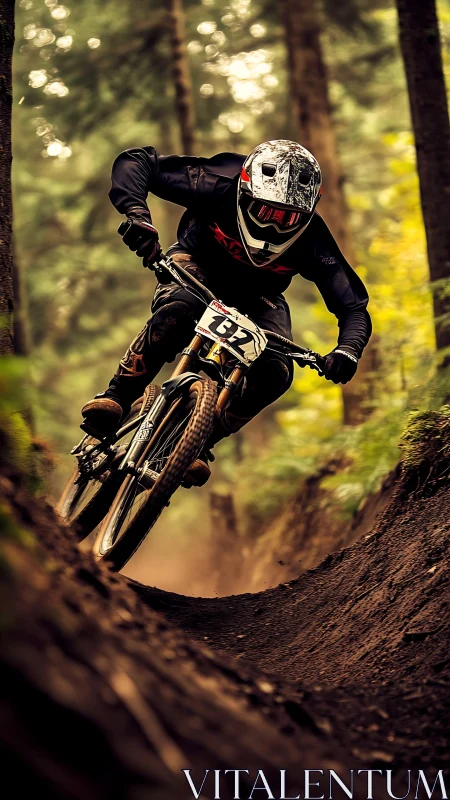 Downhill mountain biker on forest trail cornering hard.