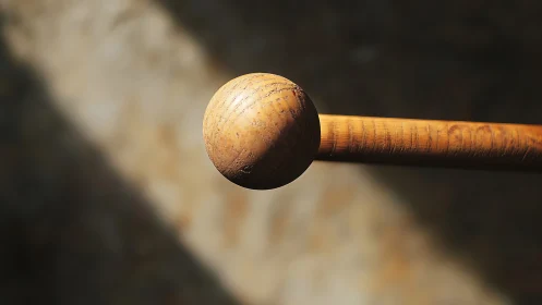 Close-up view of wooden sphere on cylindrical wooden rod.
