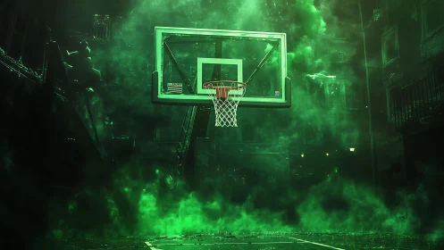 Cyberpunk street court hoop in irradiated neon haze environment.