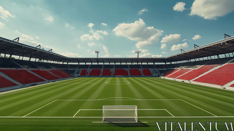 Modern empty soccer stadium with red seats and green field.