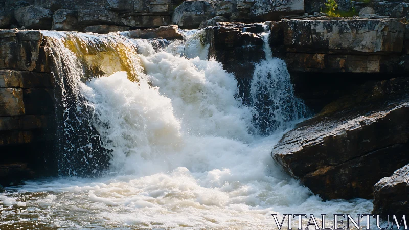 Turbulent multi-tier waterfall cascading over stratified rock ledge