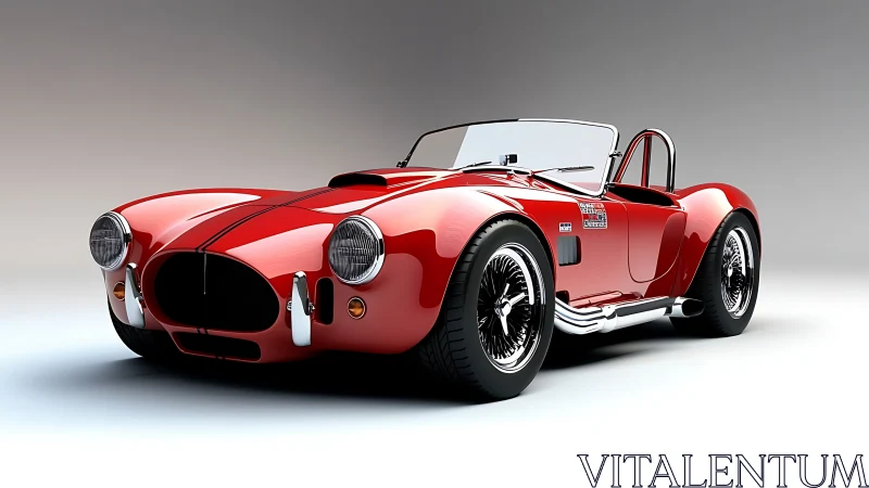 Red classic roadster with black racing stripes in studio.