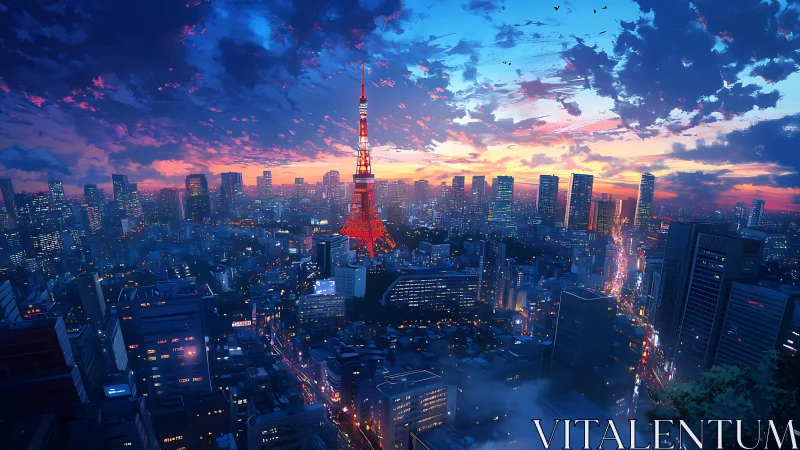 Tokyo tower skyline under vivid anime sunset glow.