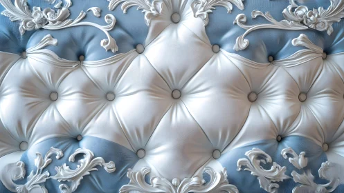 Luxurious Blue and White Tufted Upholstery with Ornate Baroque Accents.