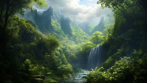 Verdant Valley Cascades Through Misty Mountain Gorge