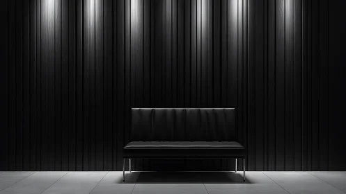 Minimalist black lobby bench under linear architectural lighting.