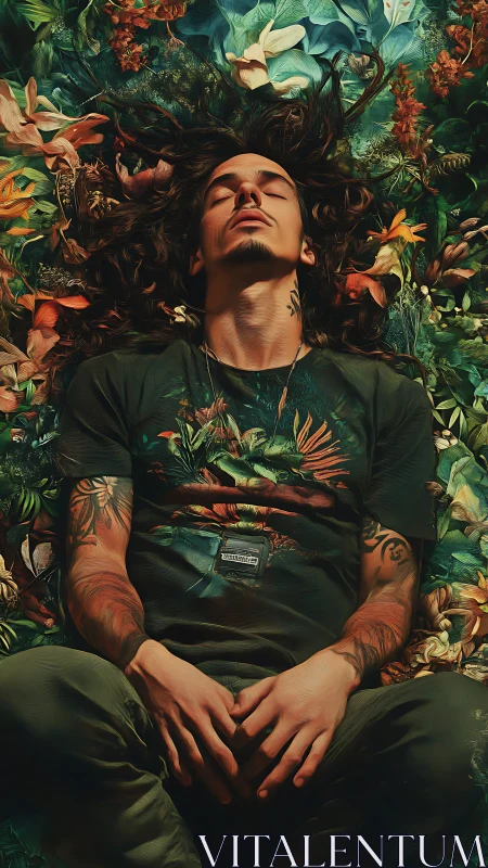 Tattoed man reclines amid dense florals in stylized portrait