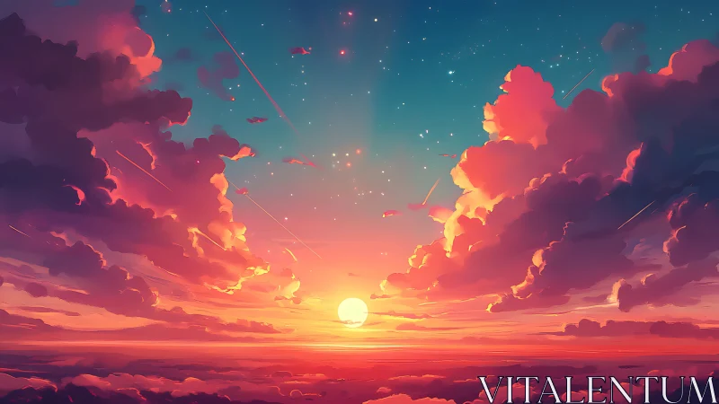 Vibrant digital sunset sky with glowing clouds and stars.