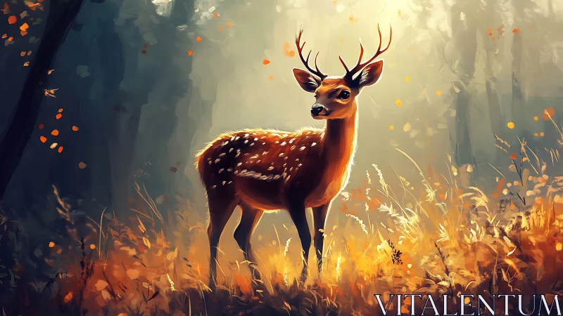 Gentle young deer stands glowing in a sunlit autumn forest