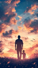 Silhouette of father and child under vivid sunset sky.