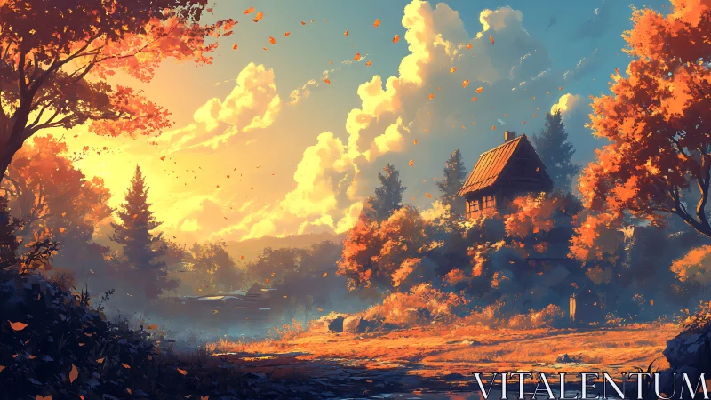Autumn forest retreat with cottage under radiant sunset sky.