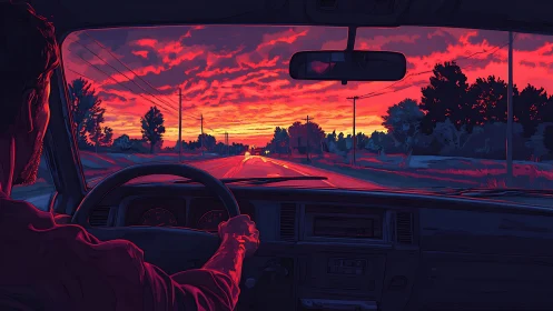 Crimson highway horizon from a lone driver&rsquo;s quiet cockpit.