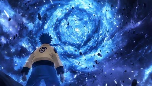 Figure observing luminous blue vortex amid debris field.