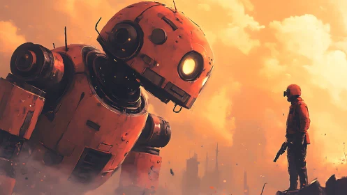 Large orange robot facing armed figure in hazy skyline scene.
