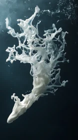 Milk plume transforming into abstract underwater sculpture.