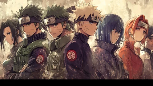Lineup of stylized shinobi portraits in muted sepia tones.