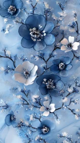 Crystalline Blue Flowers Against Frost-Covered Branches.