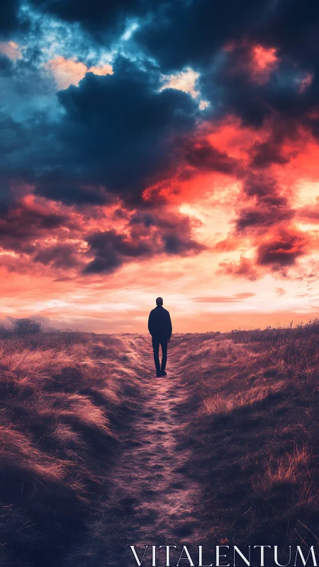 Solitary dreamer walks into a sky of burning twilight clouds