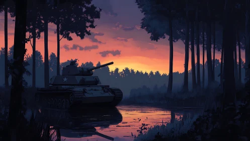 Military tank near forest water under sunset sky period