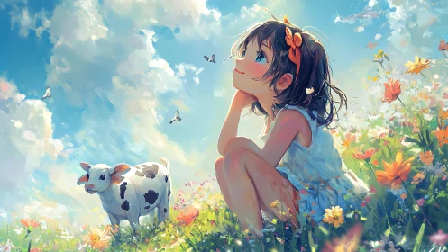 Sunlit girl and calf in painterly spring meadow scene.