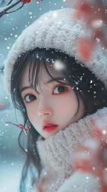 Winter portrait of stylized young girl in snowfall, soft bokeh