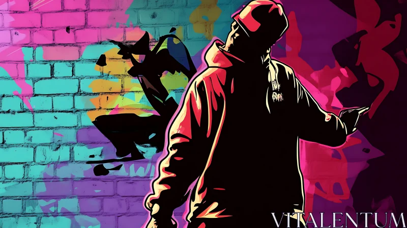 Silhouetted figure before multicolored graffiti brick wall.