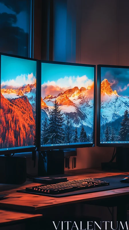 Triple-screen mountain glow crowns a moody night desk.