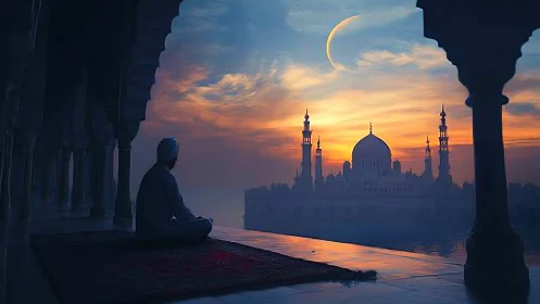 Solitary prayer overlooks crescent moonlit riverside mosque.