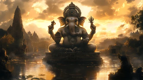 Golden sunset honors serene Ganesha statue above calm water