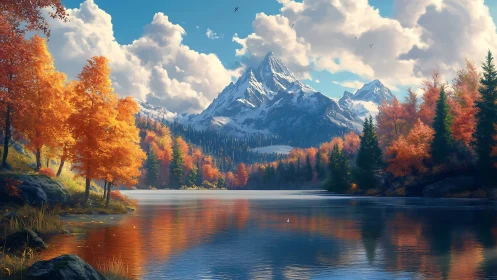 Digital painting of alpine lake with luminous autumn forest.