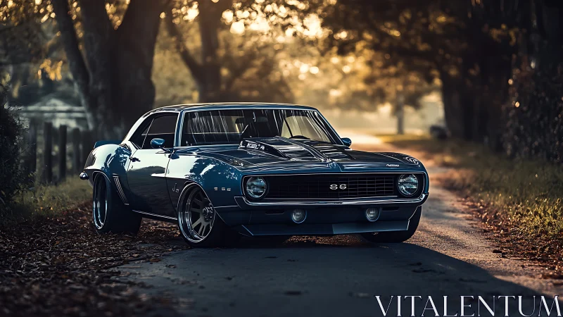 Sunlit forest lane crowns a midnight-blue muscle legend