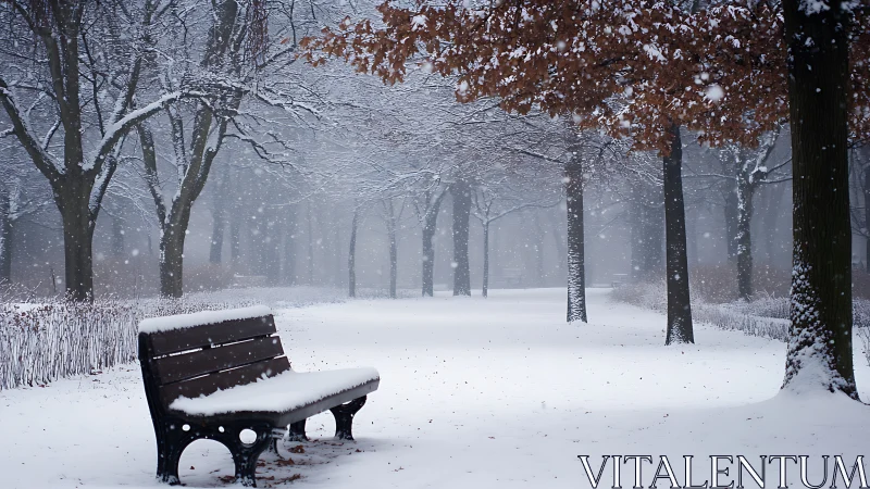 Snow covered bench stands empty in a quiet winter park