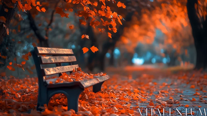 Empty park bench in shallow depth of field autumn pathway scene