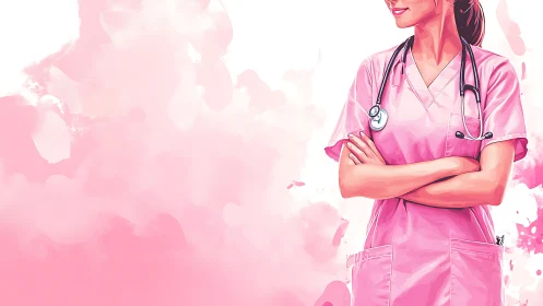 Confident Female Nurse in Pink Scrubs, Watercolor Art Style.