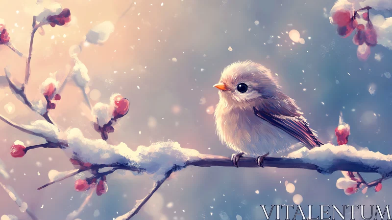 Winter Bird Among Frosted Berries in Snow.