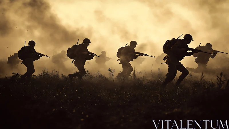 Backlit infantry silhouettes advance through dense battlefield smoke