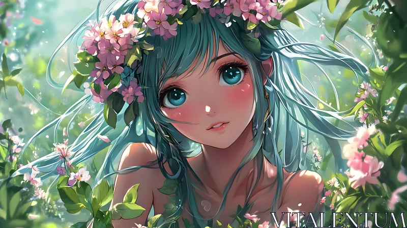 Anime girl with teal hair in flower crown portrait.