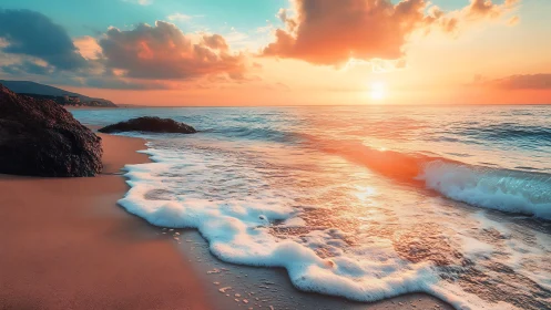 Sunlit shoreline glows under vibrant pastel sunset sky.