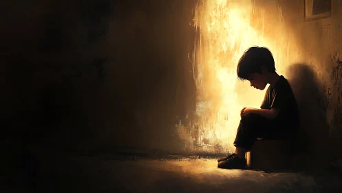 Solitary child seated in dim interior against lit wall.