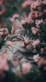 Tabby Kitten Among Pink Flowers in Soft Focus.