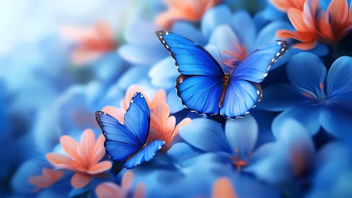 Blue butterflies hover over soft-focus blue and coral flowers