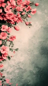 Pink hibiscus flowers cascading on textured wall surface.