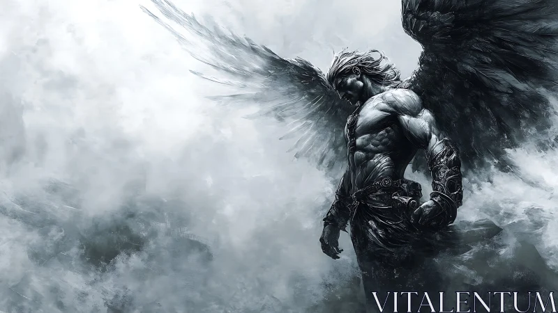 Winged humanoid figure amid monochrome storm clouds.