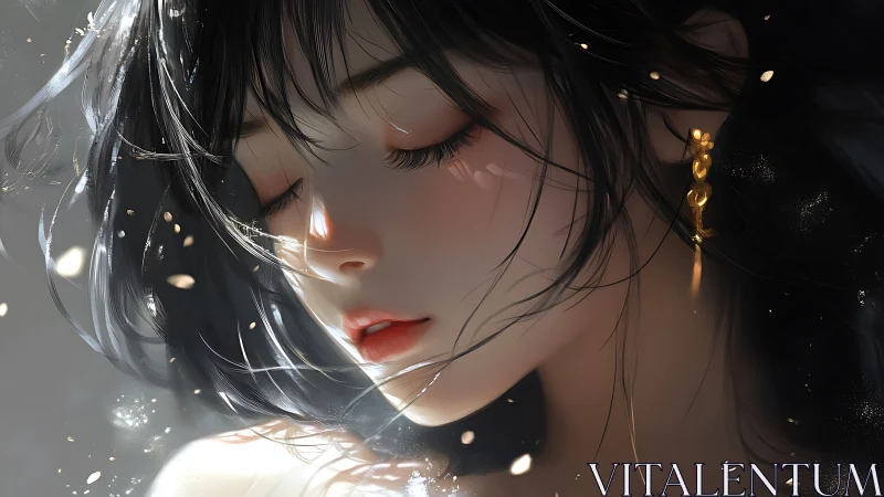 Close-up digital portrait of woman with dark hair, earrings.