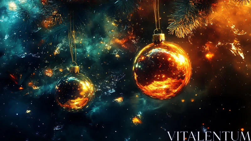 Luminous golden baubles glow like tiny stars in cosmic pine