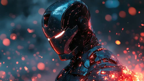 Battle-scarred armored android in high-contrast ember-lit environment